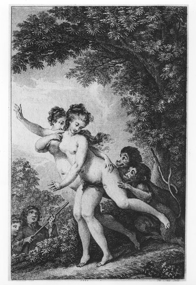 The Cries Proceeded from Two Young Women Who Were Tripping Disrobed Among the Mead, While Two Monkeys Followed Close at Their Heels Biting at Their Limbs, Illustration from Chapter 16 of 